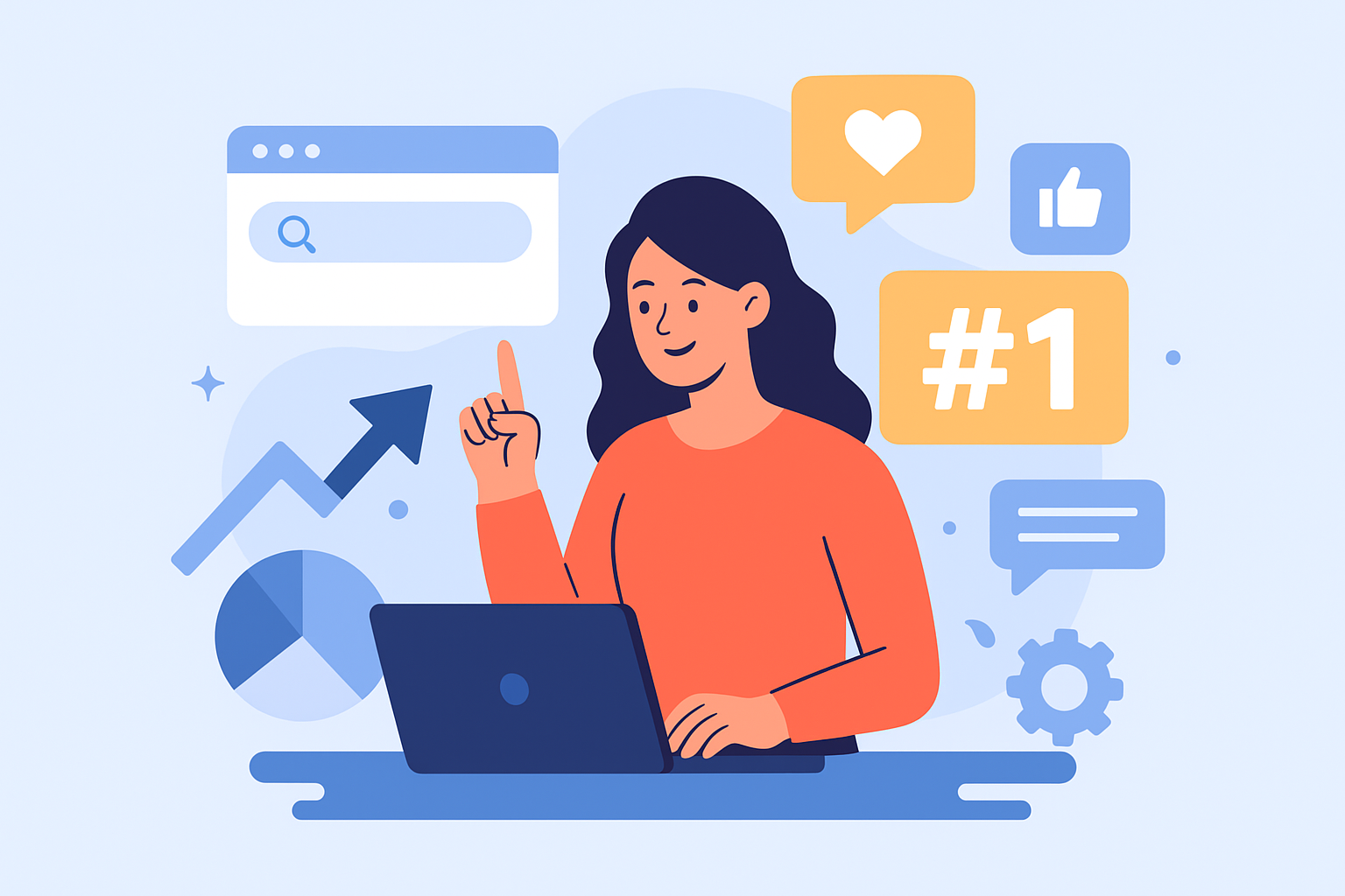 A modern flat-style digital illustration showing a young professional analyzing website analytics on a laptop, with graphs, charts, and upward growth indicators surrounding them, symbolizing SEO and strategies to rank a website higher in search results.