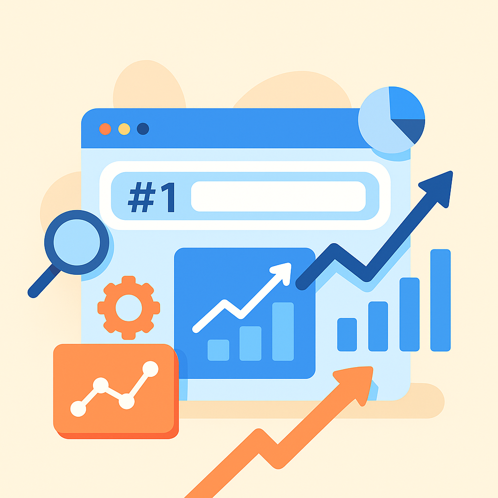 Flat-style illustration of a website ranking number one in search results, with charts, graphs, magnifying glass, gear, and upward arrows symbolizing SEO growth and optimization.