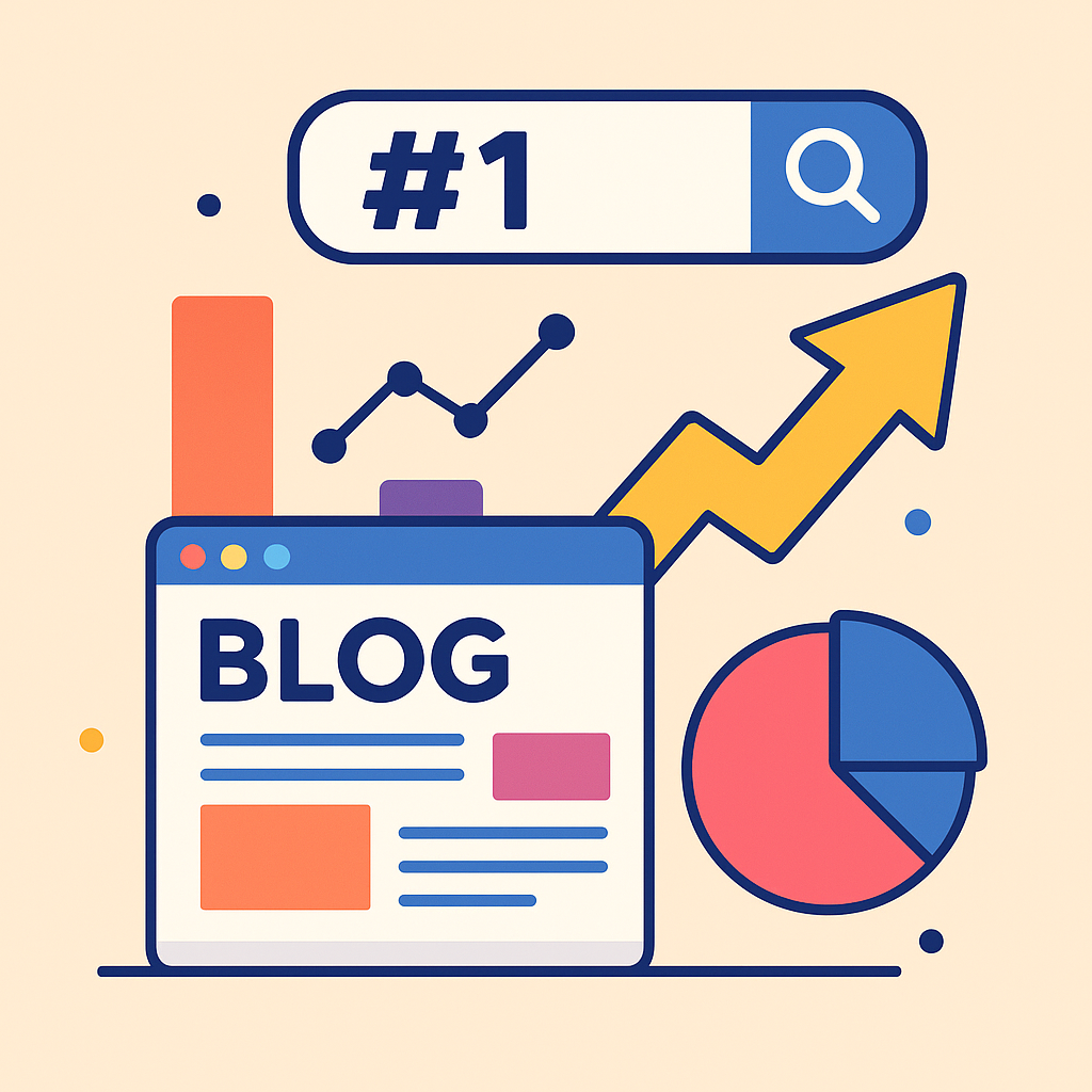 A modern flat-style digital illustration showing a colorful website climbing upward on abstract geometric shapes, arrows, and charts, symbolizing SEO growth and ranking to the #1 spot without featuring any humans.