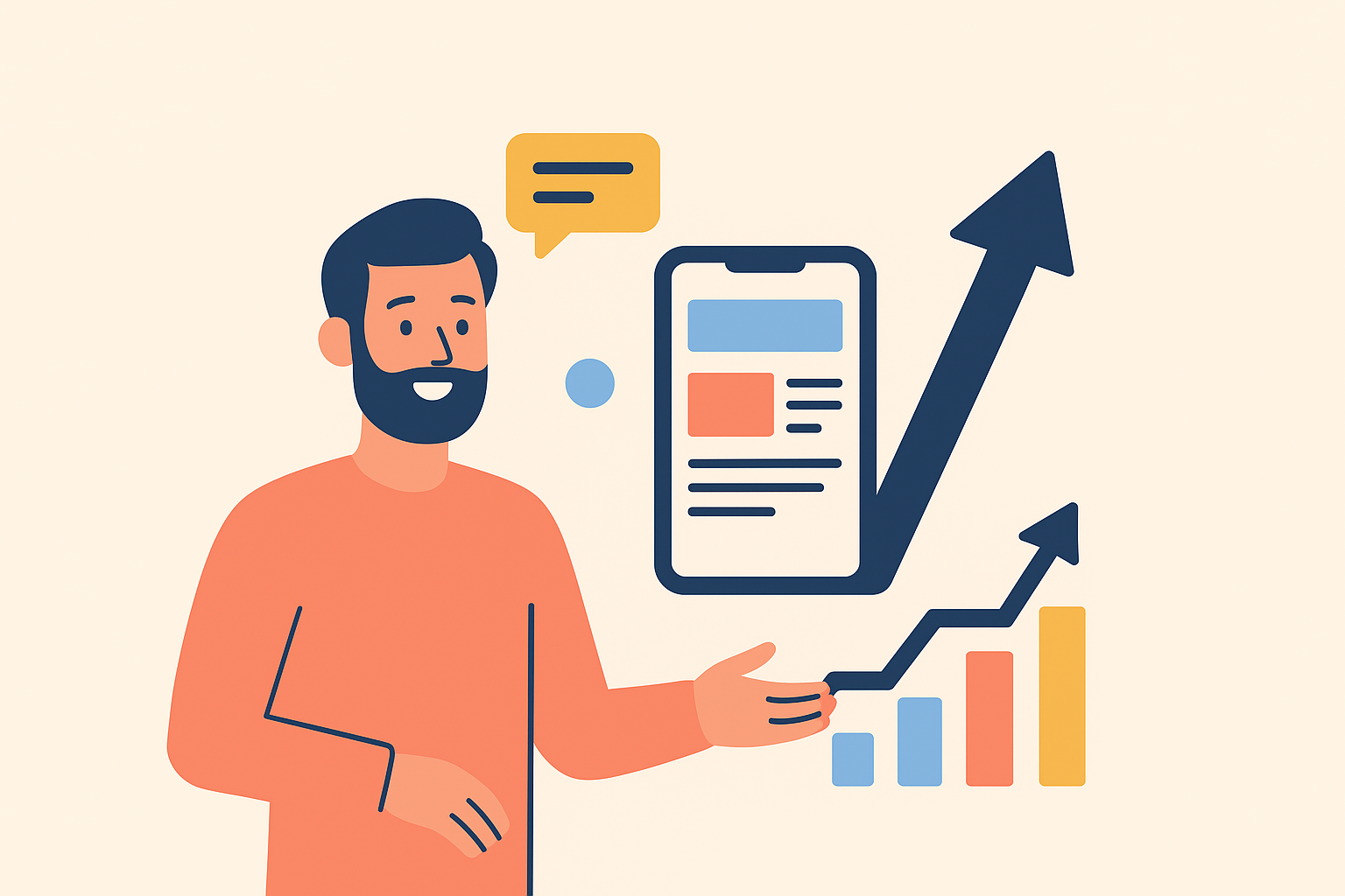 A flat-style digital illustration of a smartphone surrounded by dynamic icons such as chat bubbles, videos, and graphs, symbolizing the dominance of mobile-first content strategies in 2025.
