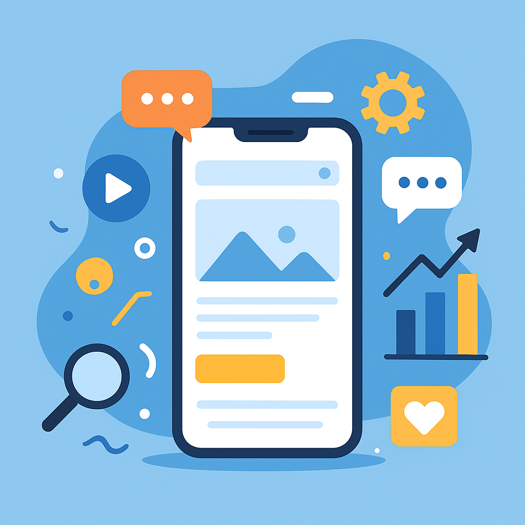 A colorful flat-style digital illustration of a large smartphone screen displaying mobile-optimized content, surrounded by abstract icons, charts, and digital elements, symbolizing mobile-first content strategy for 2025.