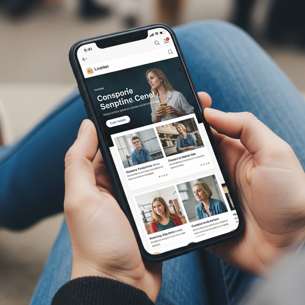 The image shows a person holding a smartphone. The phone screen displays a website or app with a clean layout optimized for a vertical view. The content includes a large header image of a woman, followed by multiple sections with images of different people and short text snippets. The person's hands and legs, wearing blue jeans, are visible as they hold the phone. The background is a blurry outdoor setting, suggesting the user is in a public space.