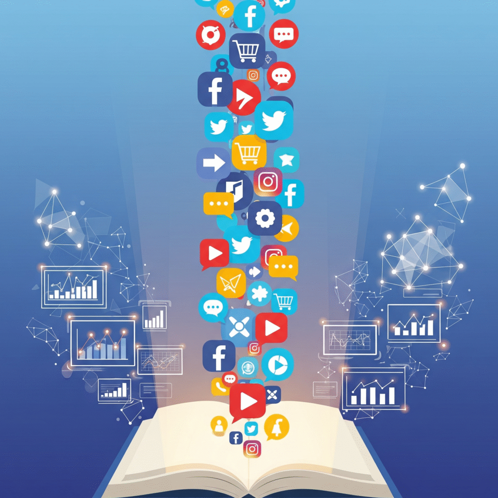 A flat-style digital illustration of an open, glowing book with colorful social media and e-commerce icons flowing out of it and forming a digital landscape of screens and charts.