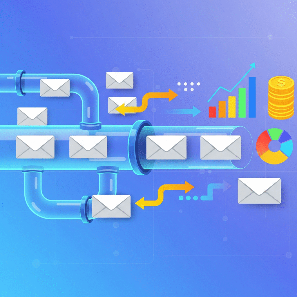 A modern flat illustration showing envelopes flowing through a digital pipeline and transforming into graphs, charts, and coins, representing the conversion and success of email marketing efforts.