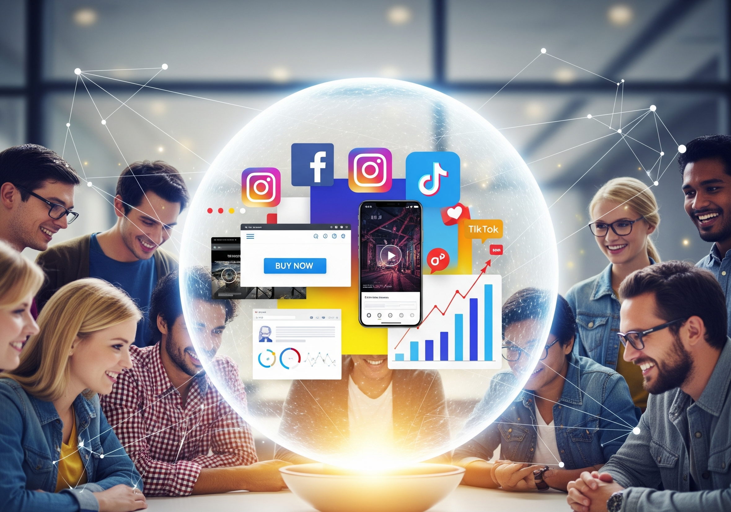 A diverse group of people gathered around a glowing orb that projects various digital marketing elements like social media icons, a website, and charts, symbolizing the engaging power of storytelling.