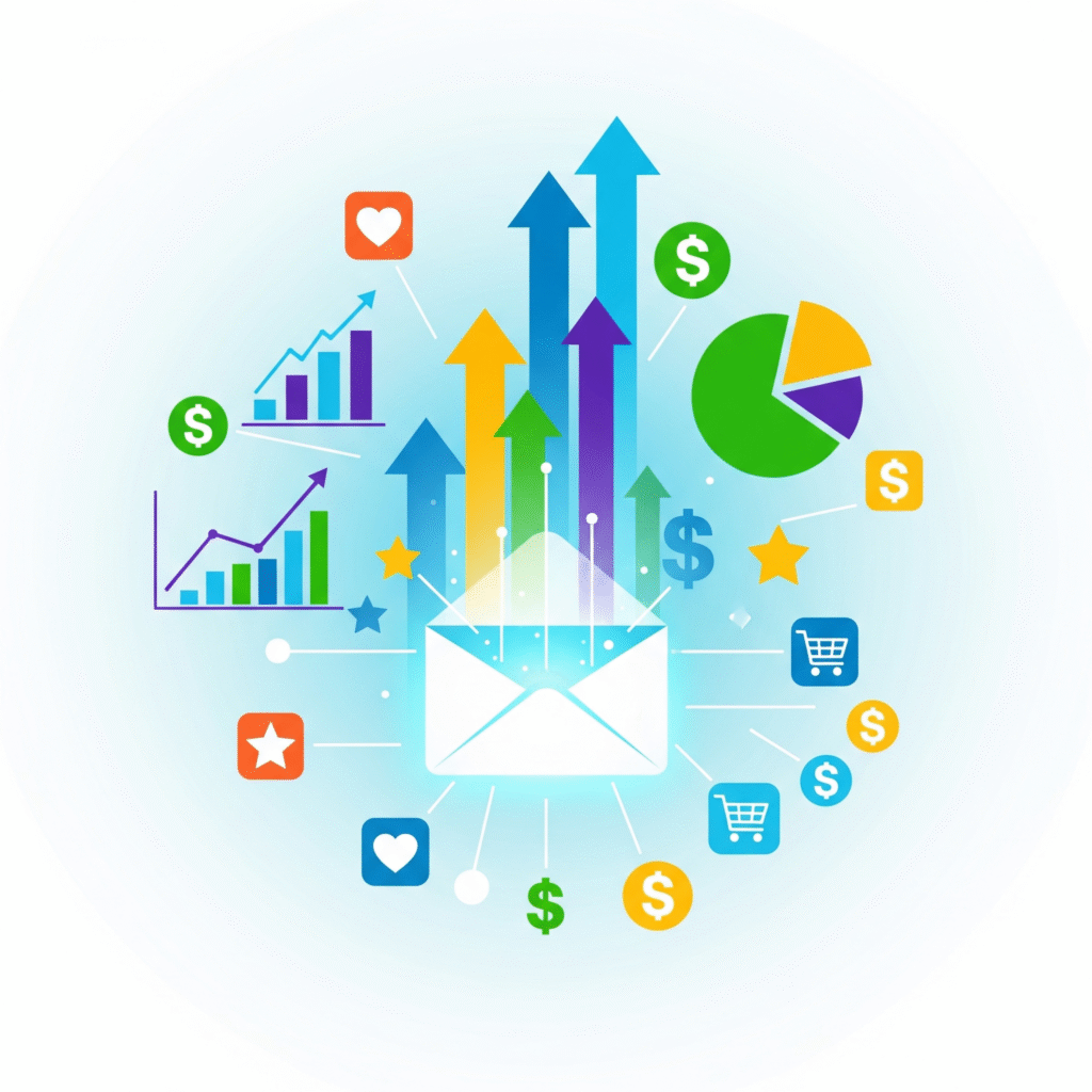 A central glowing envelope in a flat digital style surrounded by vibrant icons of growth (charts, upward arrows, dollar signs) and engagement (hearts, stars, shopping carts), illustrating successful marketing.