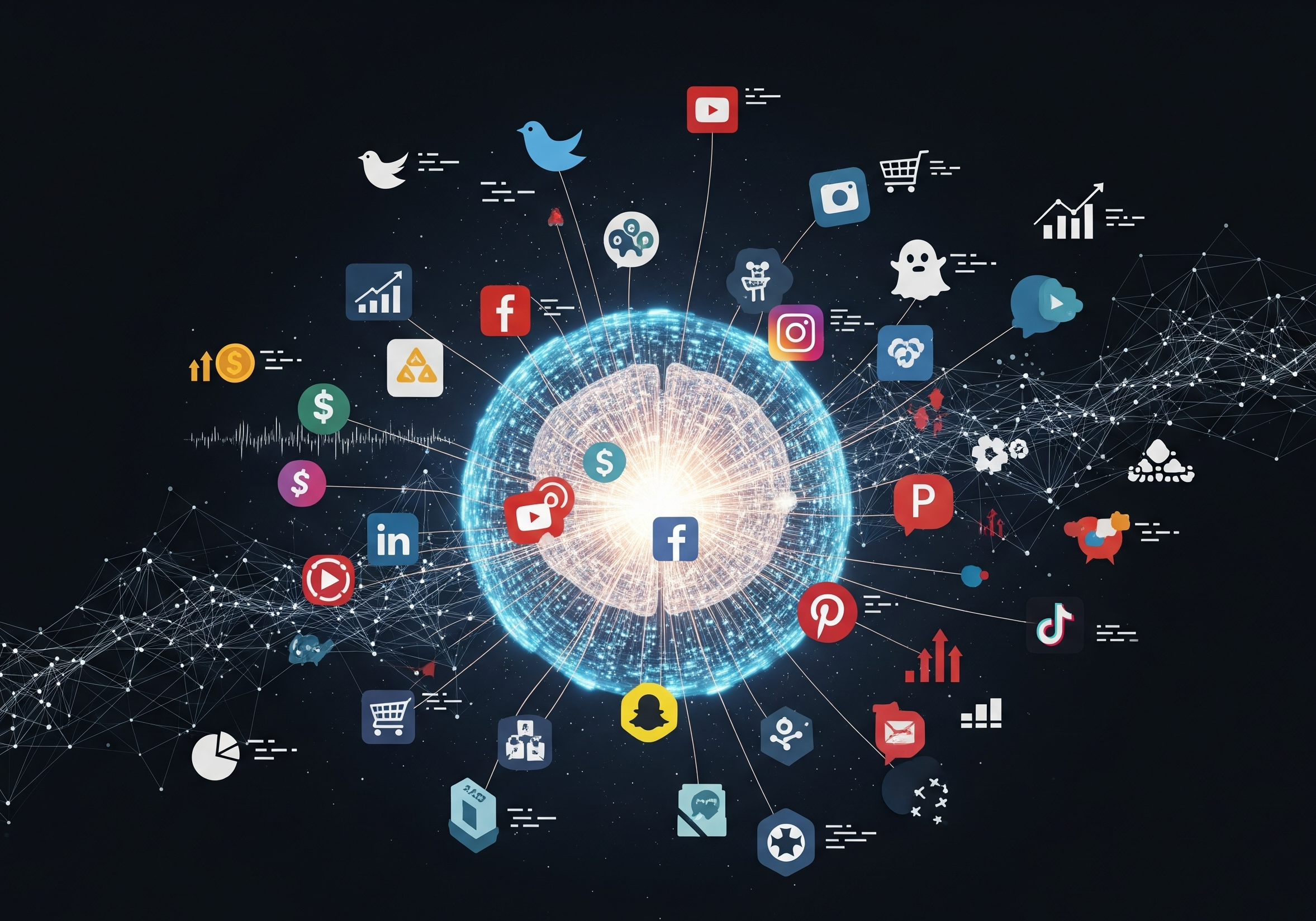 A central, glowing digital brain radiates a complex network connecting to various social media and e-commerce icons on a dark background, illustrating the interconnected power of social media marketing.