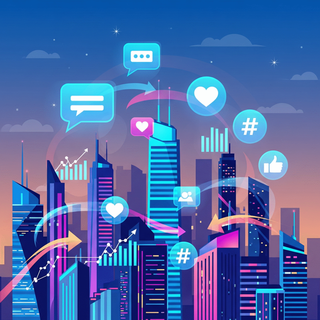 A flat-style illustration of a futuristic city skyline at dusk, with giant, glowing holographic social media icons and data graphs weaving between the skyscrapers.