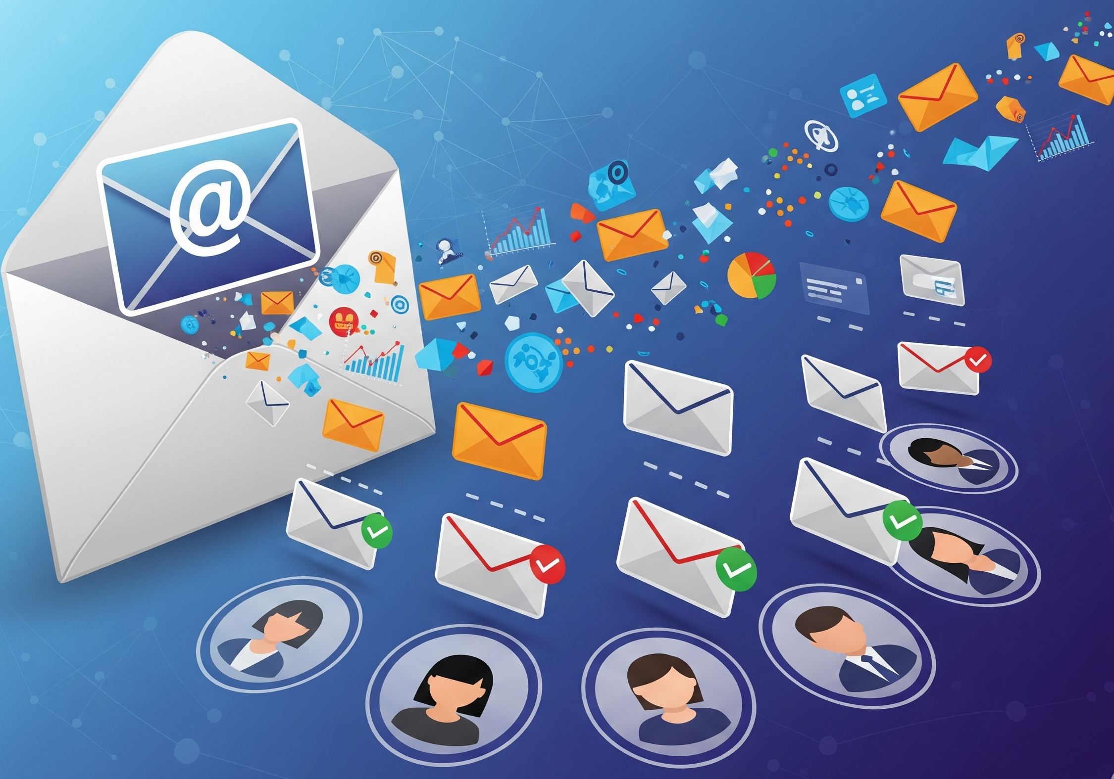 An illustration showing a large envelope with an "@" symbol sending out a stream of emails and data icons to a diverse group of user profiles, representing a successful email marketing campaign.