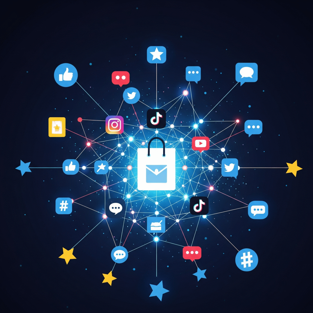 A flat-style digital illustration of a glowing network web with social media icons connected like constellations. At the center is a shining shopping bag, with digital symbols like likes, comments, and hashtags radiating outwards.