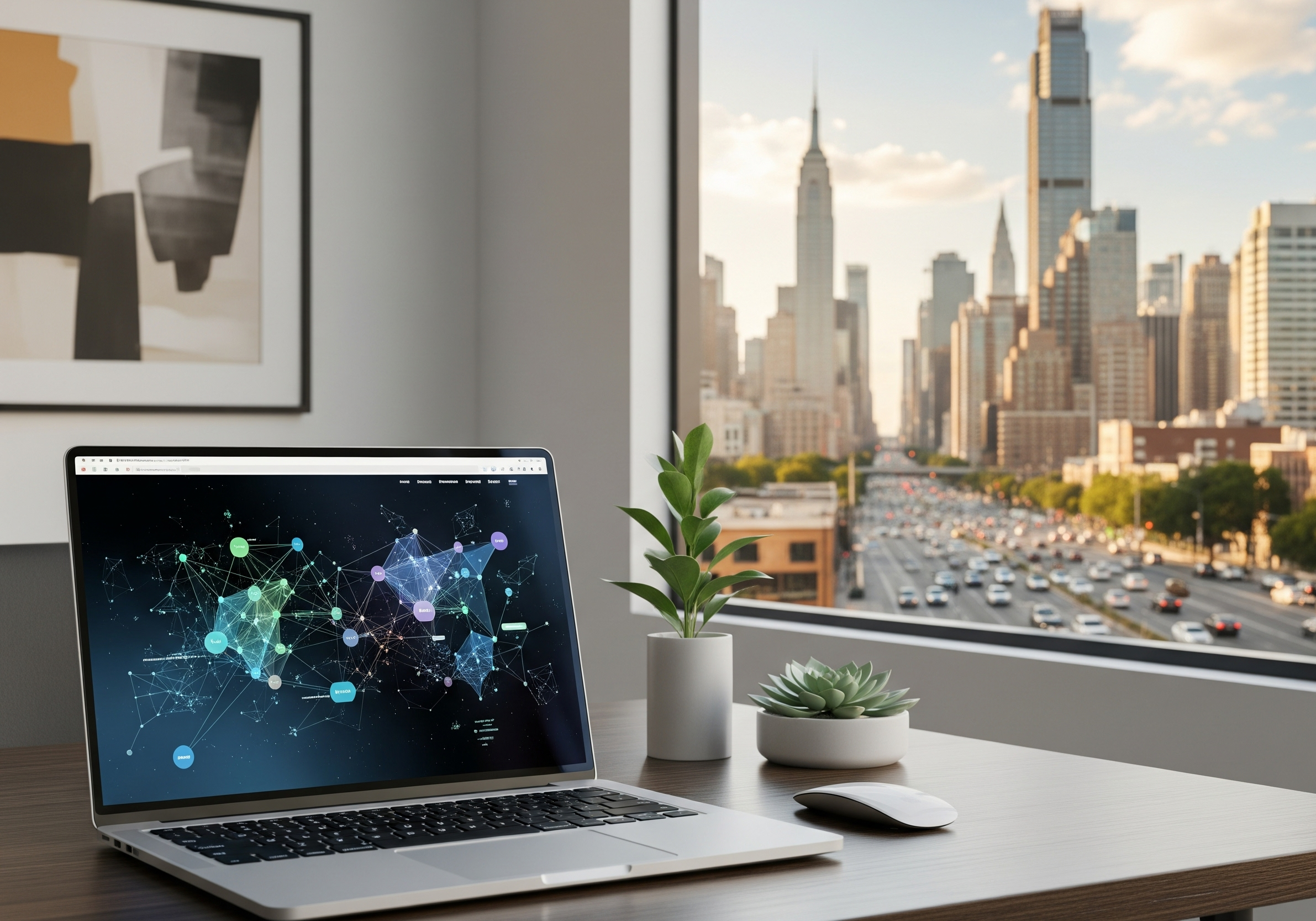 A laptop displaying a digital network map sits on a modern office desk with plants, overlooking a busy city skyline at sunset.