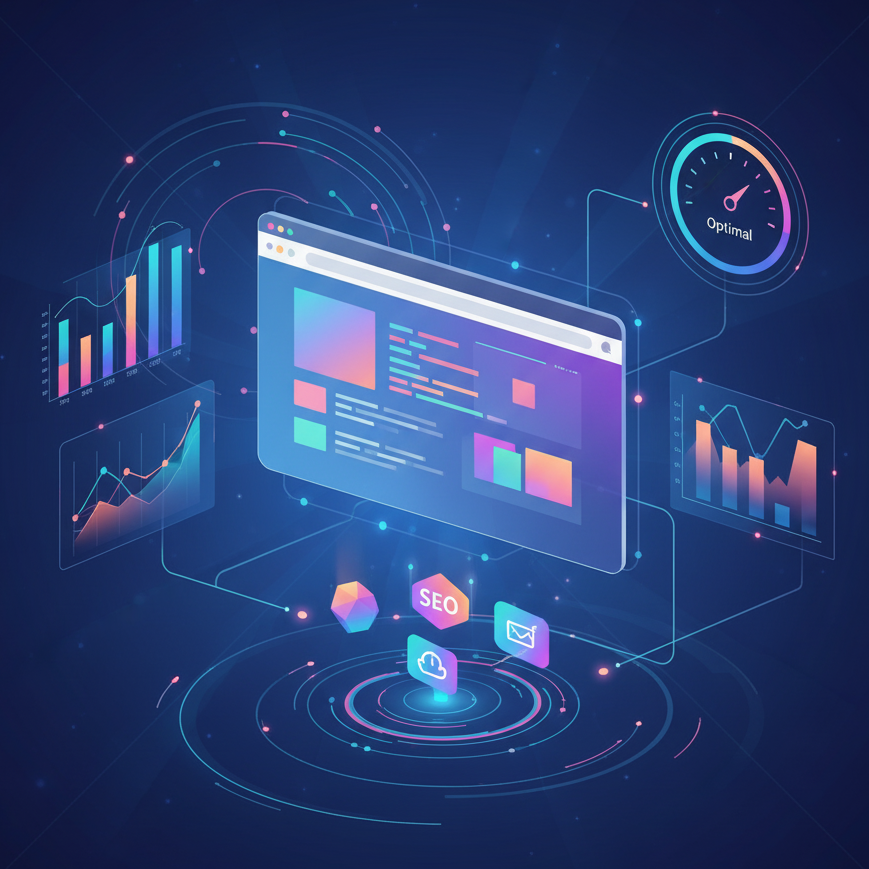 A futuristic digital dashboard with graphs, analytics, and icons representing SEO and cloud services.