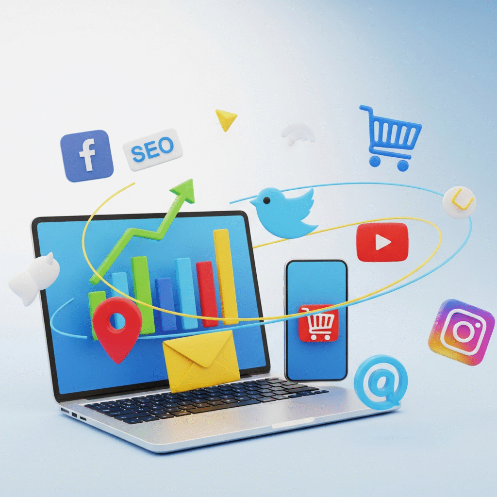 A 3D illustration featuring a laptop and a smartphone surrounded by floating, colorful digital marketing icons such as an SEO graph, a shopping cart, a location pin, an email envelope, and social media symbols, all against a light blue background.