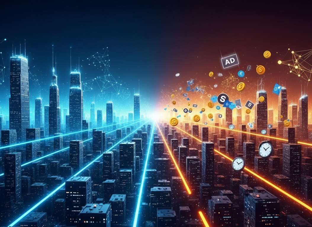 A futuristic city divided into two halves, one glowing blue with SEO network lines and the other glowing orange with digital ads, coins, and marketing icons.