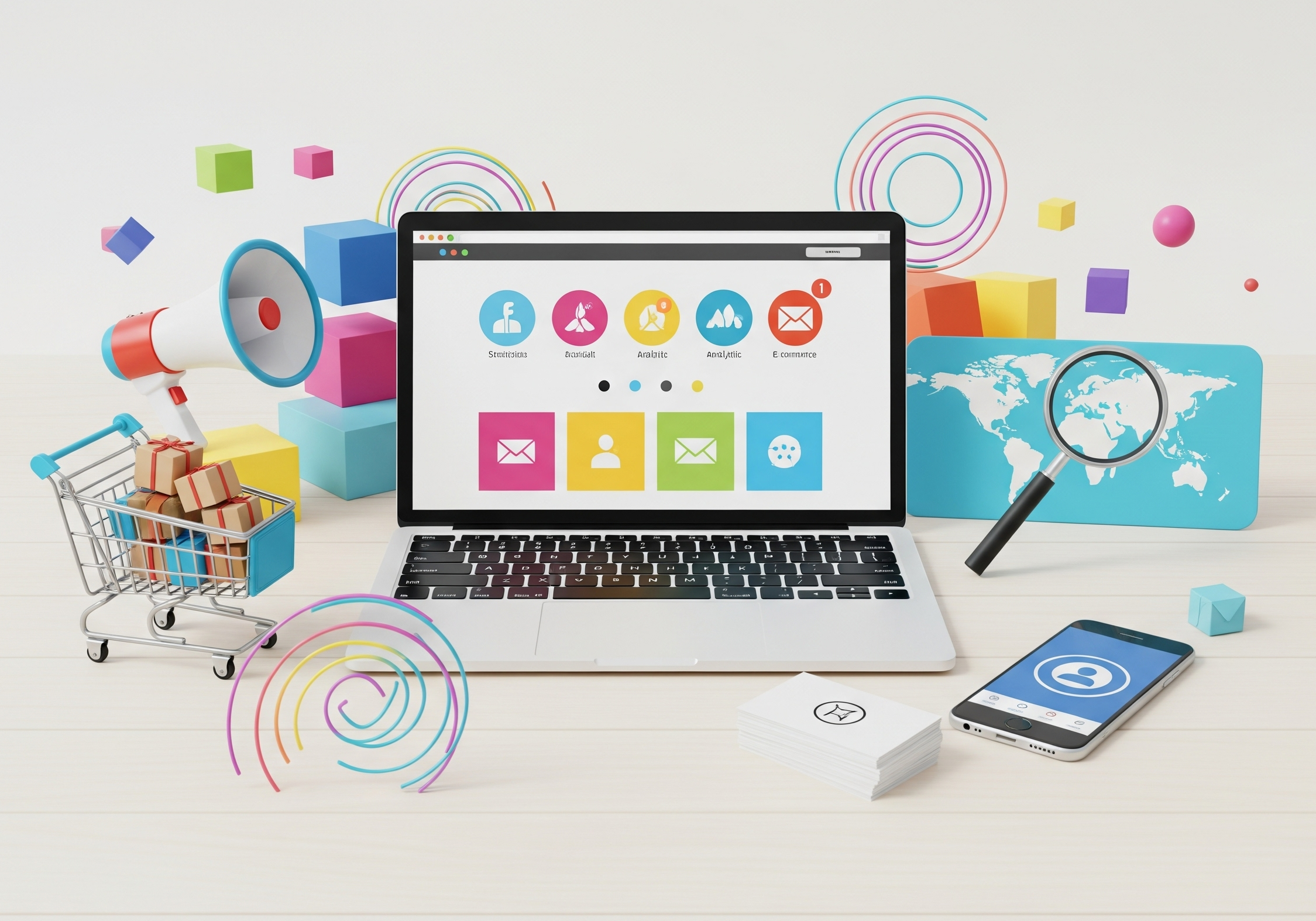 A laptop displaying a marketing dashboard is surrounded by a miniature shopping cart, a megaphone, a magnifying glass over a world map, and a smartphone on a light wooden desk.