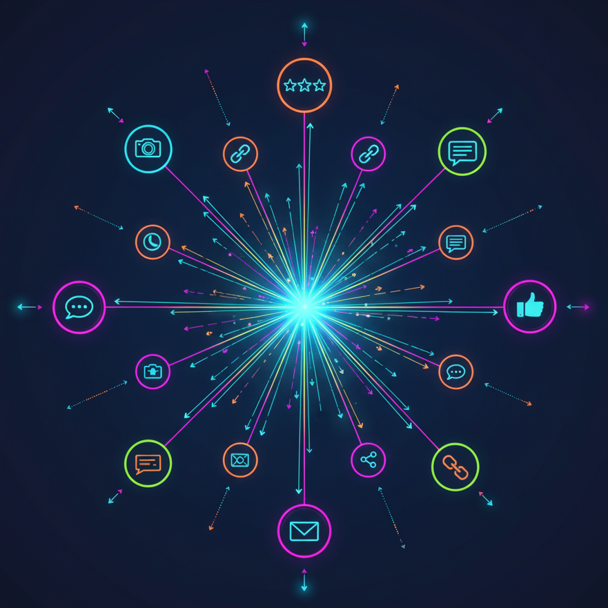 A network of glowing icons connected by arrows, representing communication, sharing, and social engagement.