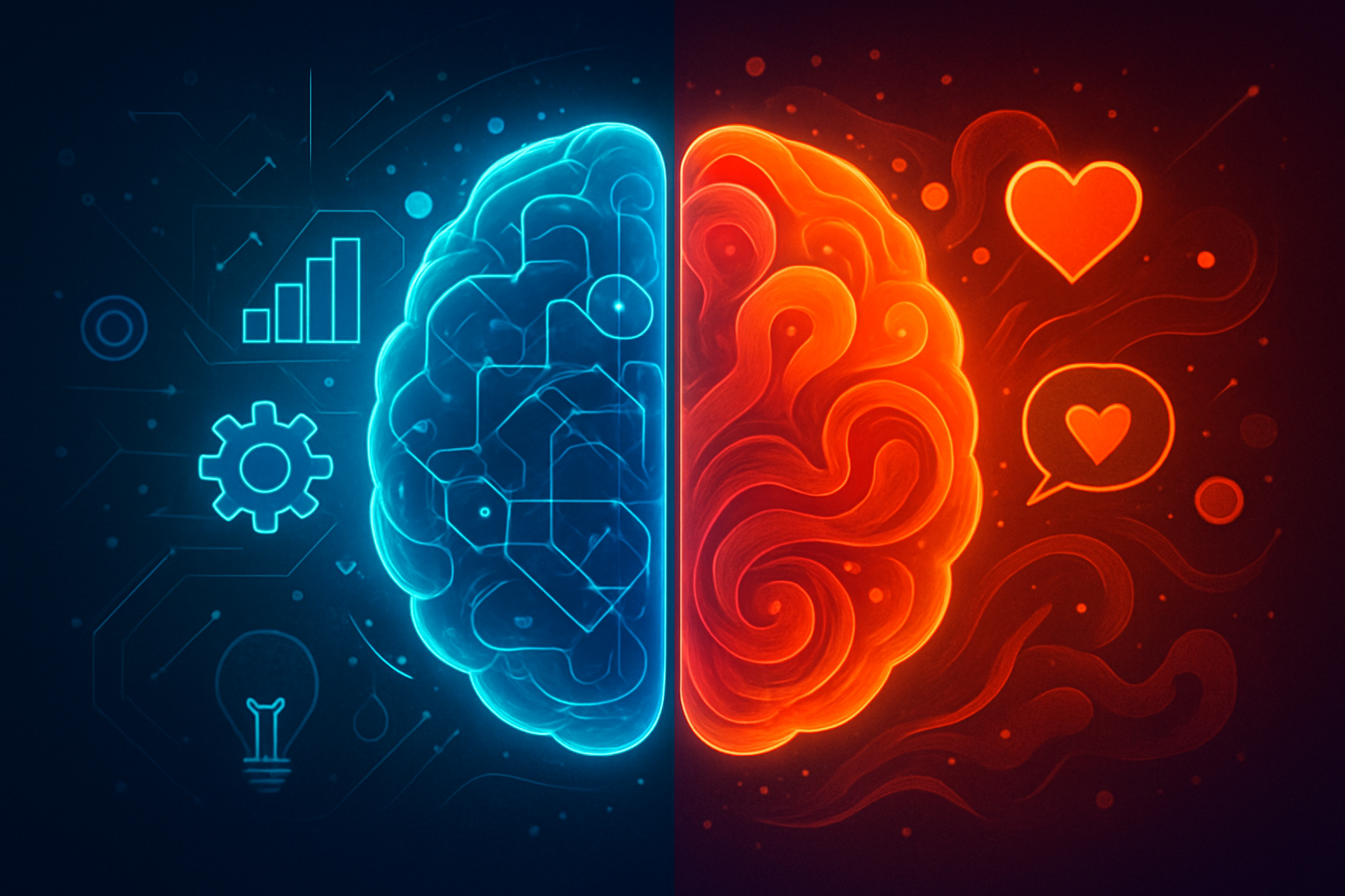 Split brain illustration with one half blue and analytical, and the other half red and emotional, symbolizing logic and emotion in branding.