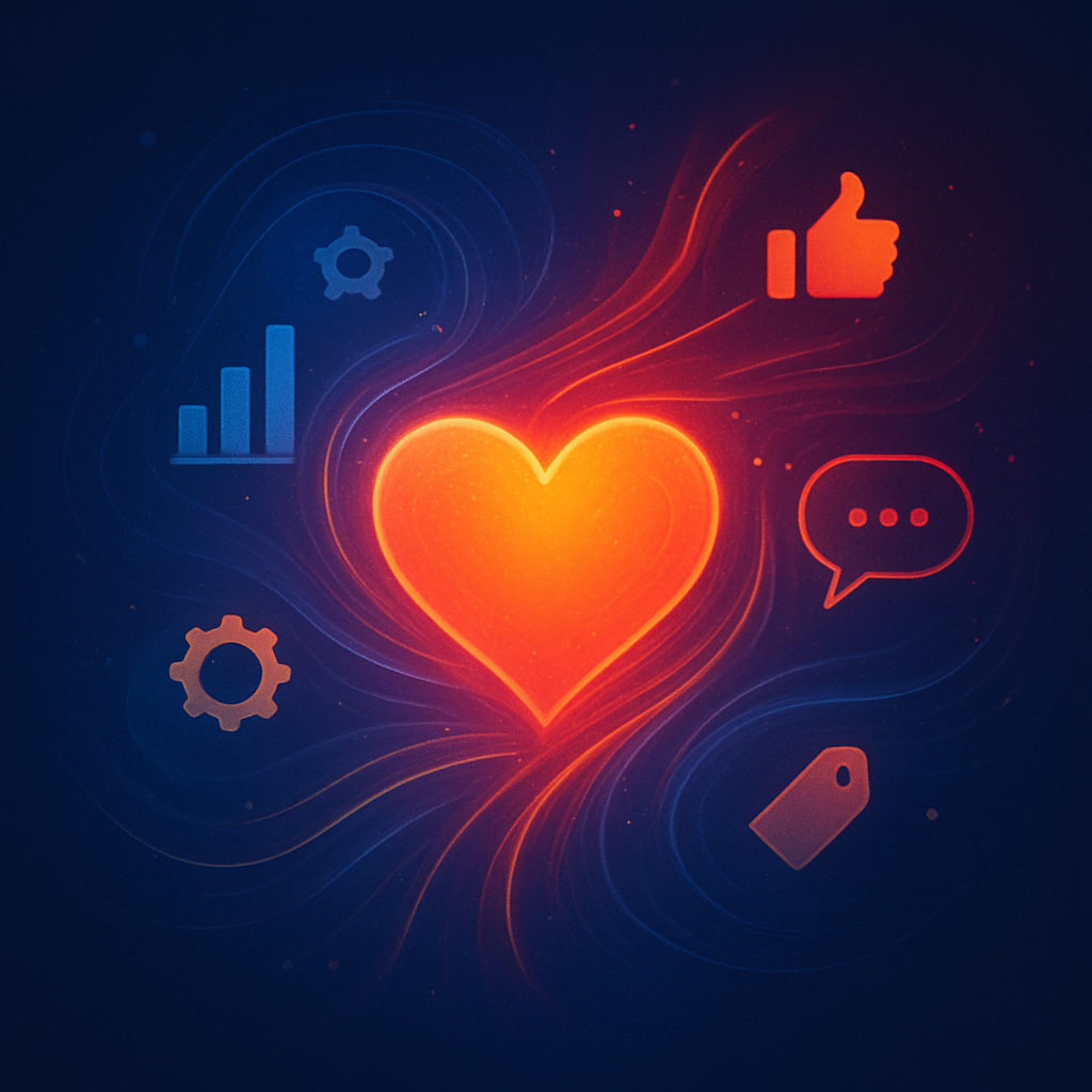 A glowing heart surrounded by icons of communication, analytics, and social engagement representing emotional branding.