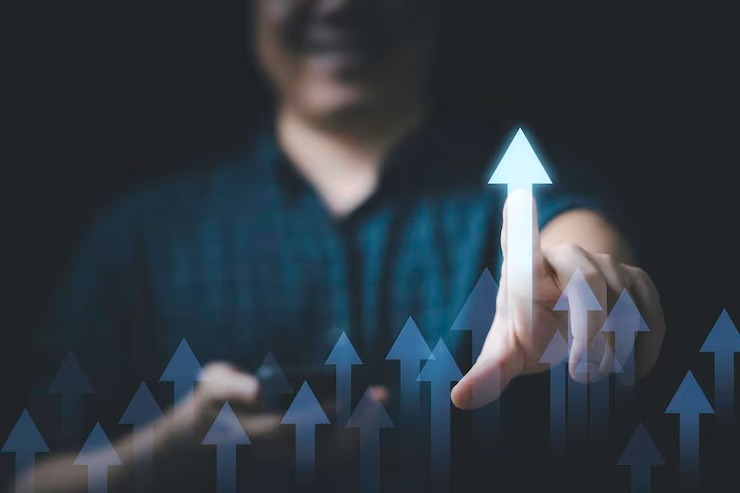 Business growth is represented through upward arrows, symbolising consistent SEO efforts, long-term visibility, and steady digital marketing success.