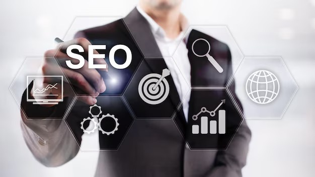 A professional using SEO and digital marketing interfaces with analytics, search optimisation, and online business growth elements.