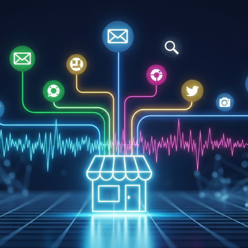 A glowing outline of a shop icon at the center, with multiple colored glowing lines extending to various digital marketing icons like email, social media, and search. The background is a dark, abstract network grid.